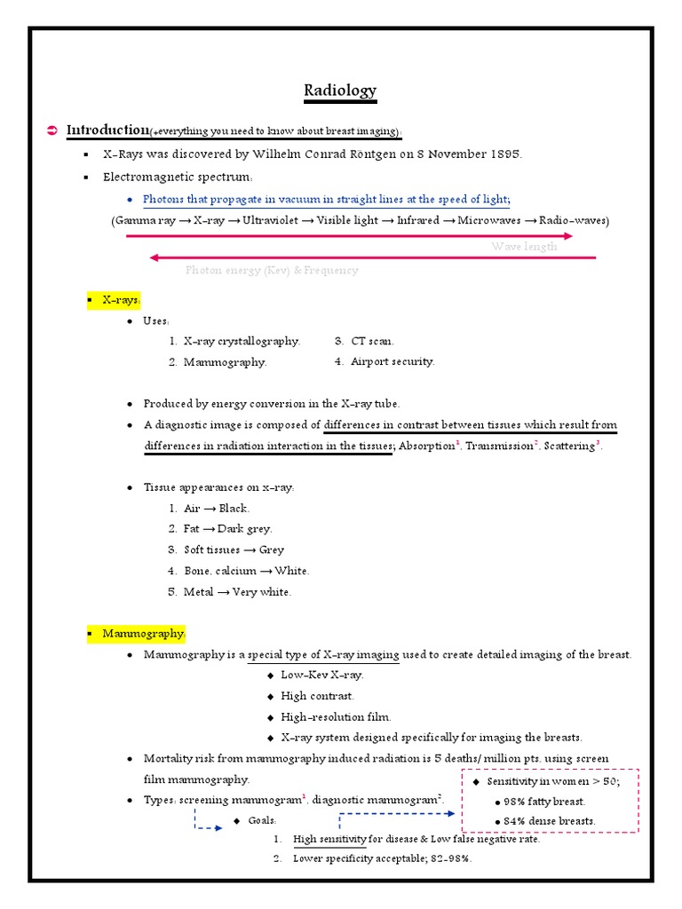 Radiology Notes PDF Mammography X Ray