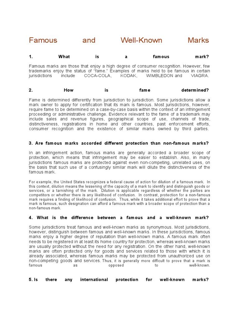 Famous Wellknown Marks | PDF | Trademark Dilution | Trademark