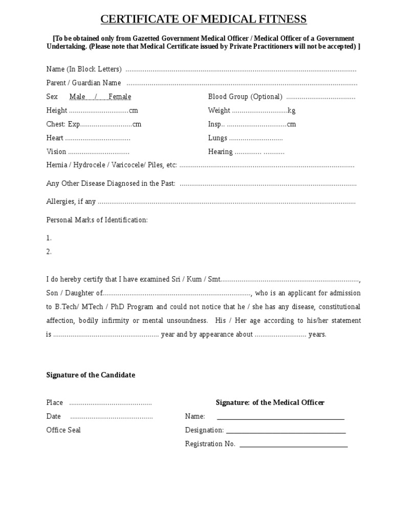 Government Medical Fitness Certificate | PDF
