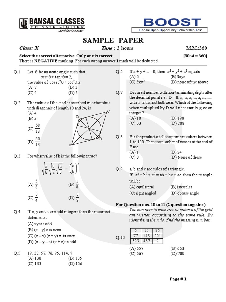 Bansal Classes Scholarship Test Paper | PDF | Inductor | Magnetic Field