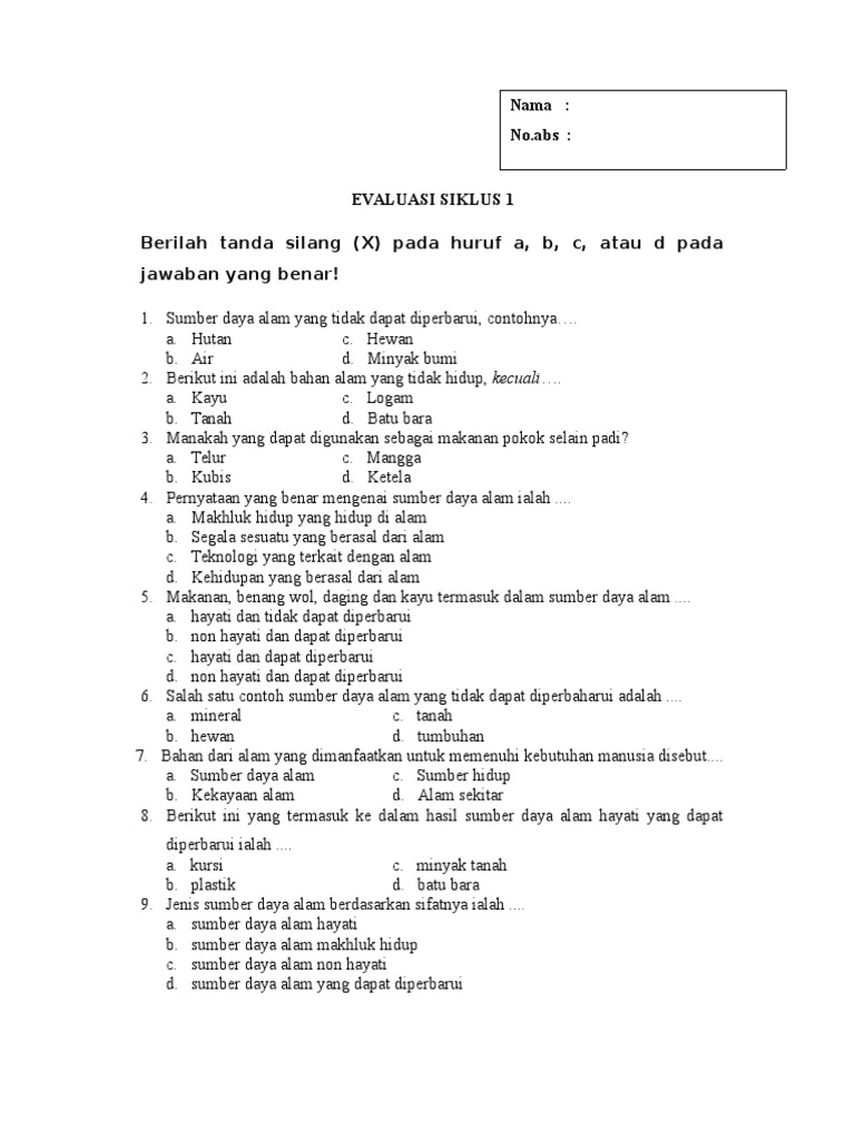 Soal Sumber Daya Alam Kelas 4 SD