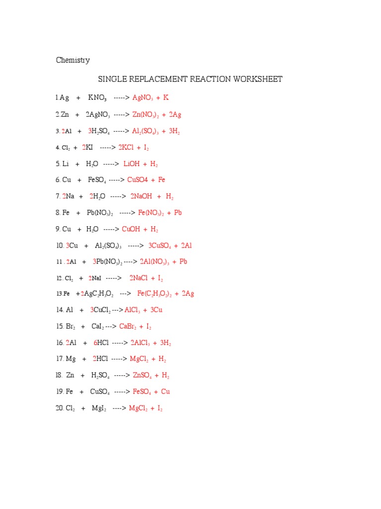 Single Replacement Practice KEY  PDF For Double Replacement Reaction Worksheet