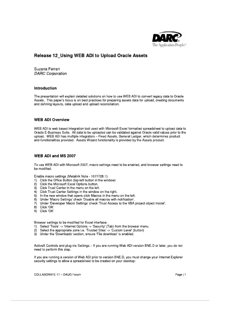 R12 Using WEB ADI To Upload Oracle Assets White Paper | PDF