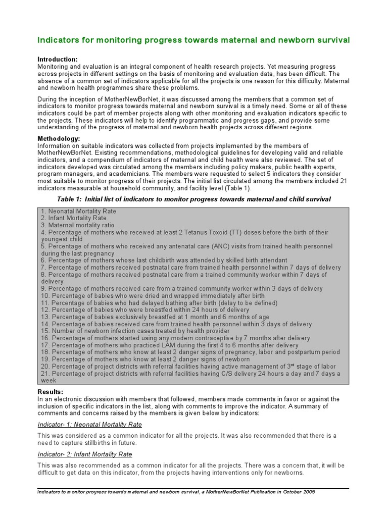 Indicators Towards Monitoring Progress Towards Maternal and Newborn ...