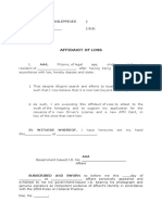 Affidavit of Loss: Republic of The Philippines) CITY OF - ) S.S