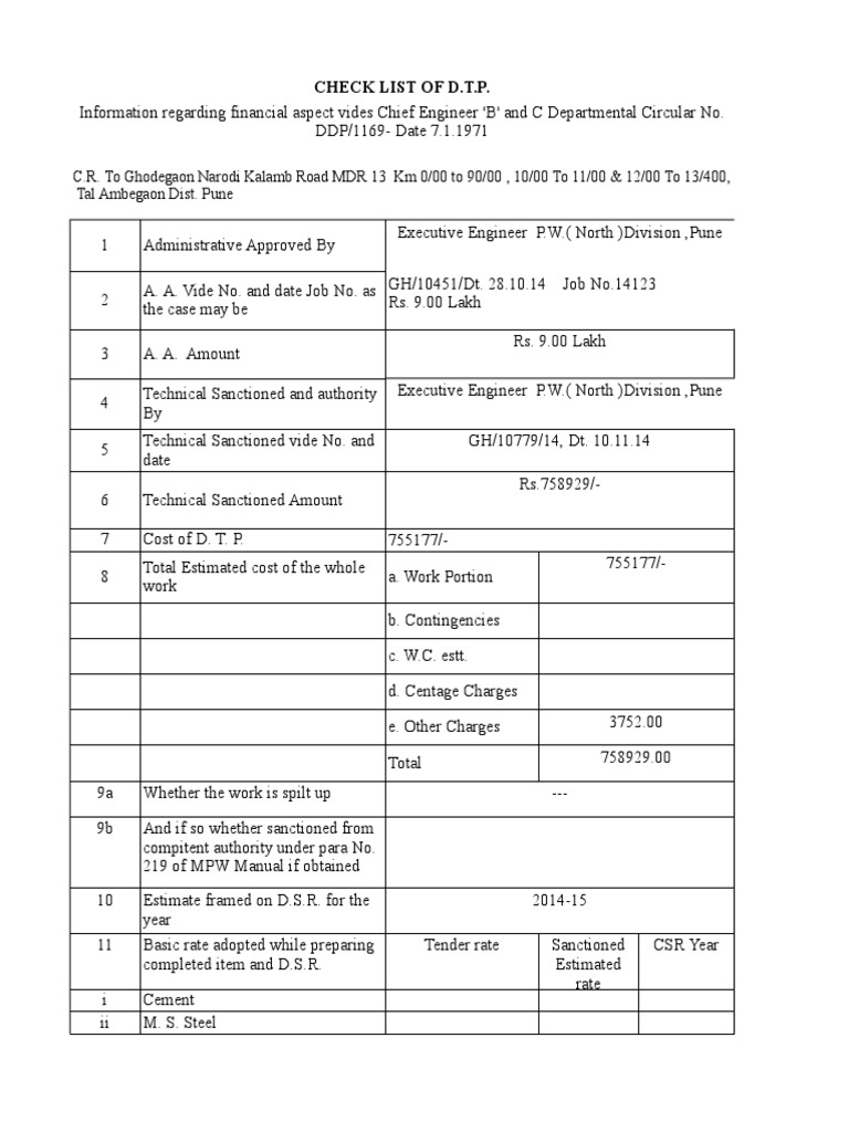 D.T.P. Checklist for Road Repair Project | PDF | Asphalt | Industries