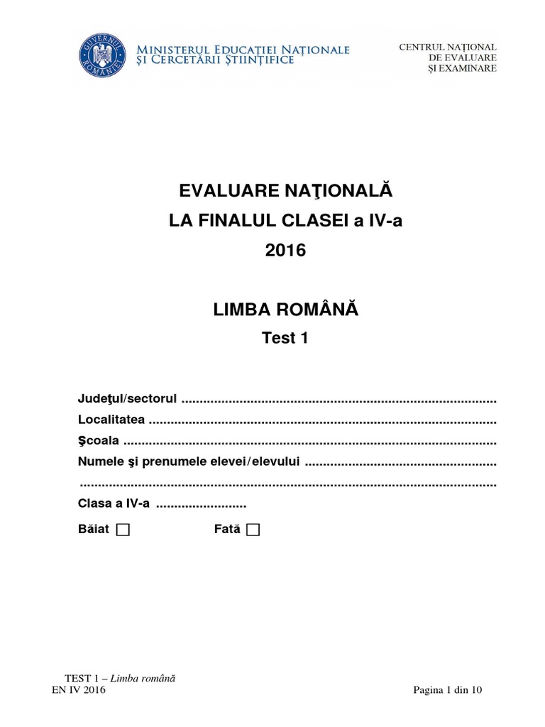 Evaluarea Nationala 2016 Cls Iv Limba Romana Test 1