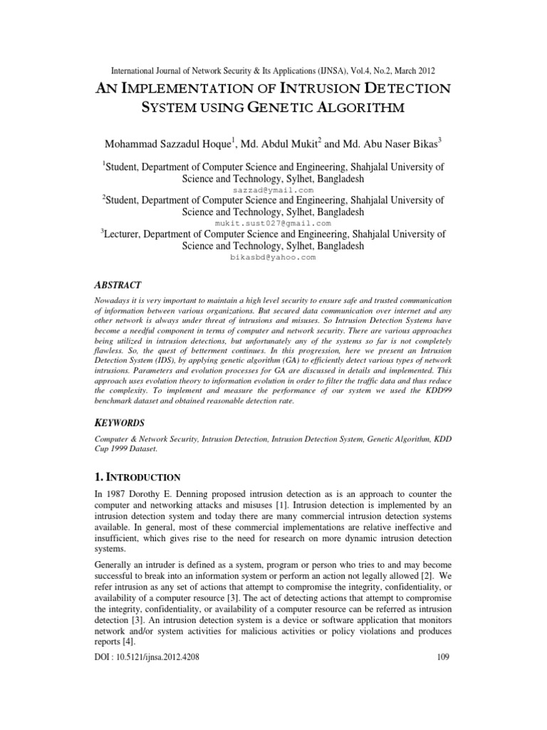 An Implementation of Intrusion Detection System Using Genetic Algorithm ...