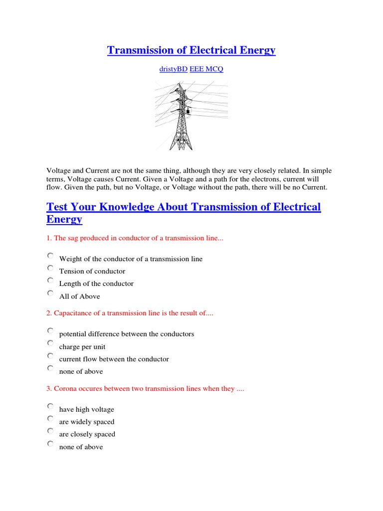 Transmission Of Electrical Energy Dristybd Eee Mcq Pdf Electric
