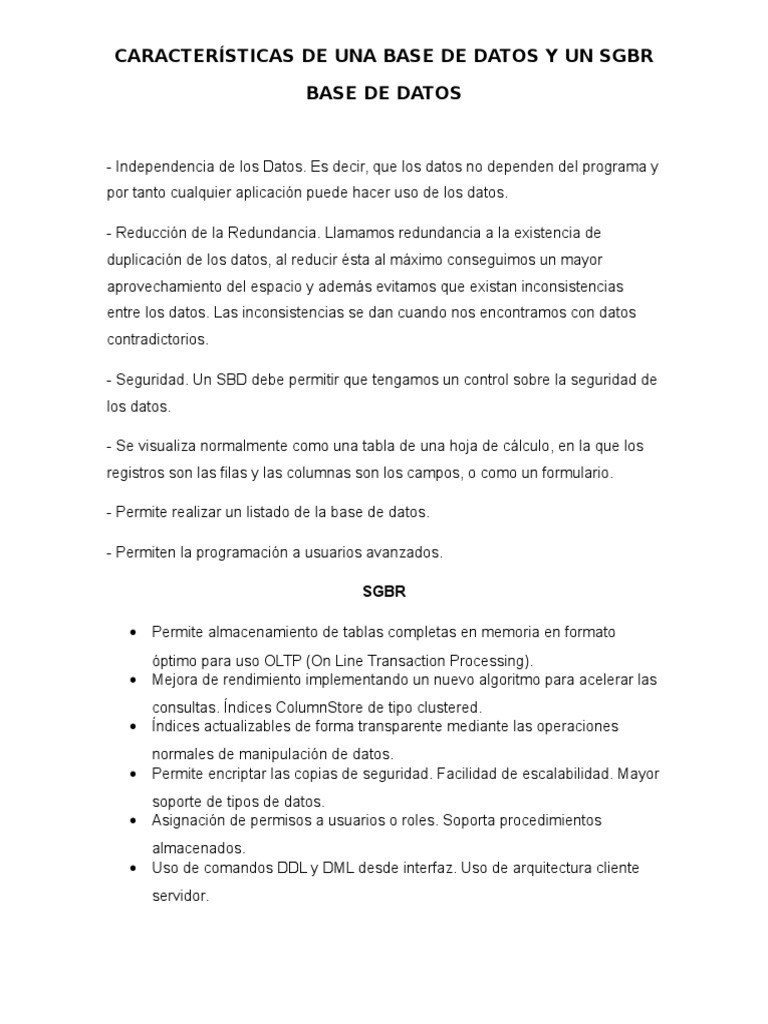 Características de Una Base de Datos y Un SGBR1 | PDF | Servidor SQL de ...