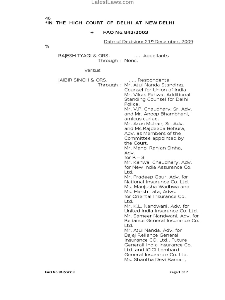 Justice JR Midha of Procedure For MACT in Case Titled Rajesh Tyagi