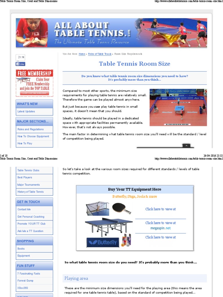 Table Tennis Room Size, Court and Table Dimensions PDF Table Tennis