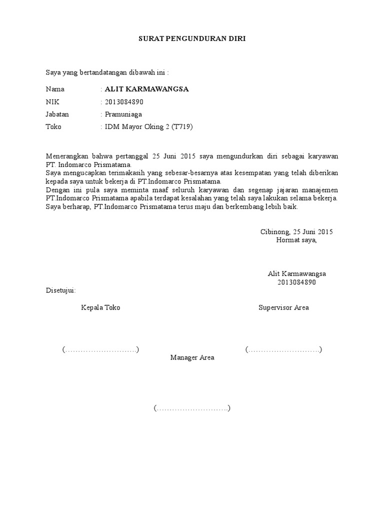 Contoh Surat Pengunduran Diri Indomaret