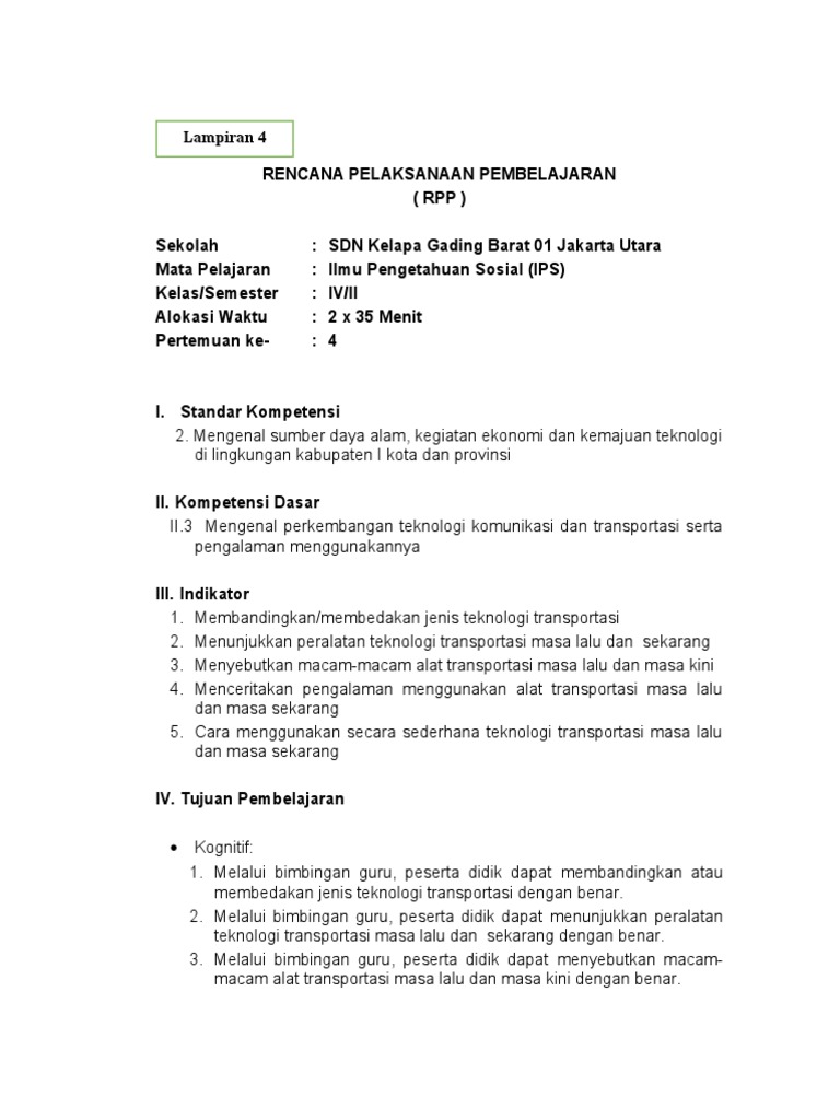 Rpp Kelas 4 Transportasi Siklus 2