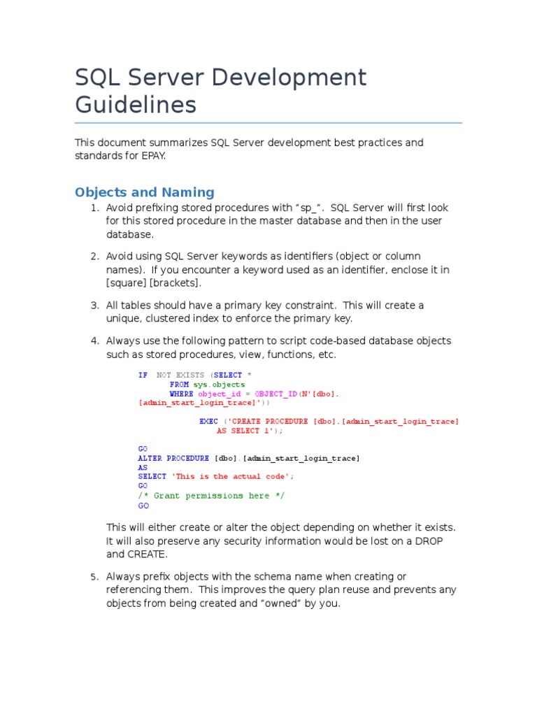 SQL Server Development Guidelines | Microsoft Sql Server | Data ...