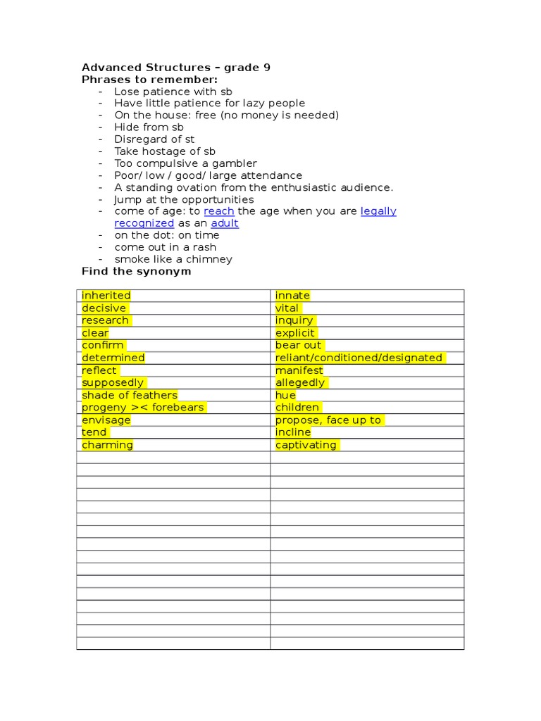 Grade 9 Advanced Vocabulary Guide | PDF | Language Arts & Discipline ...