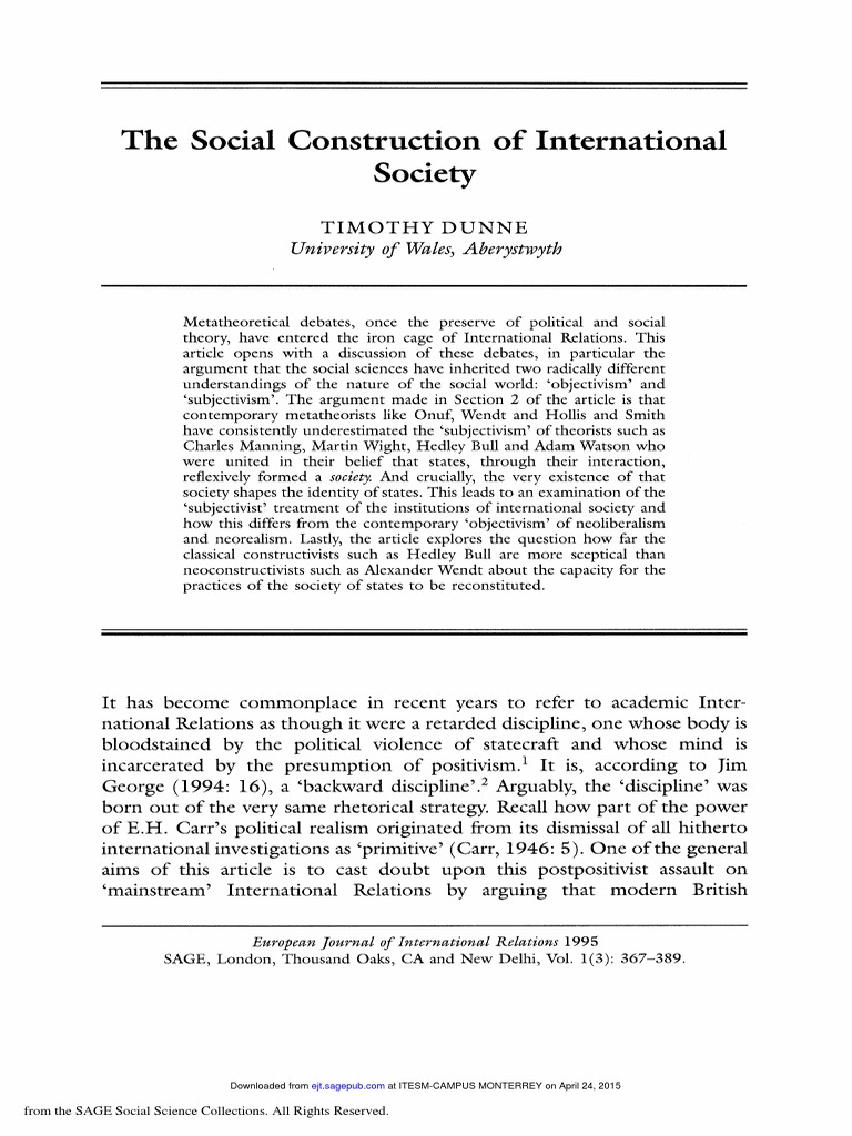 The Social Construction of International Society | PDF
