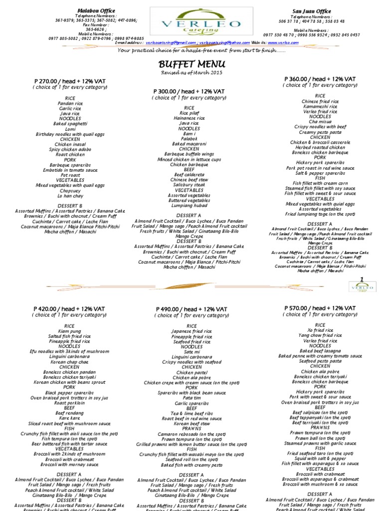 Verleo Catering Menu and Prices | PDF | Salad | Desserts