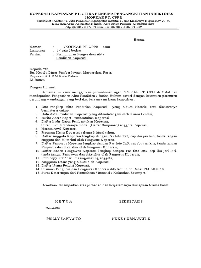 18 Contoh Permohonan Pengesahan Akta Pendirian Koperasi