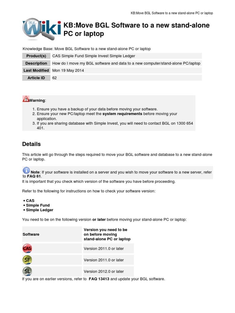 Move BGL Software To A New StandAlone PC or Laptop PDF Computer