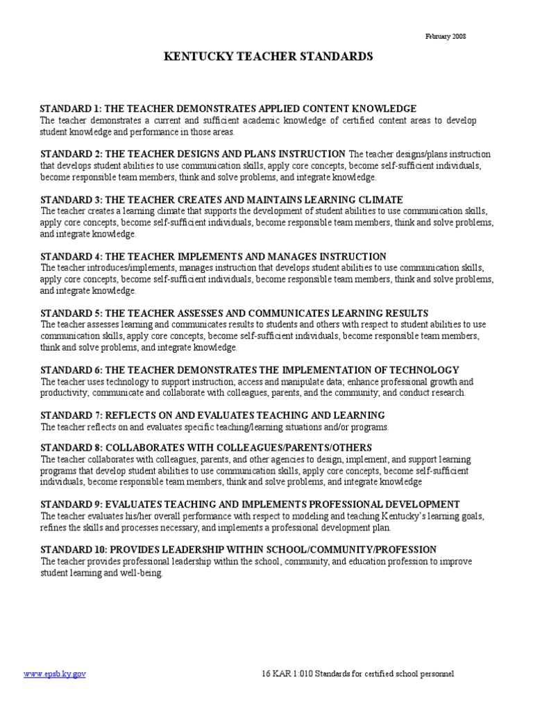 Kentucky Teacher Standards 16 KAR 1010 Standards For Certified School