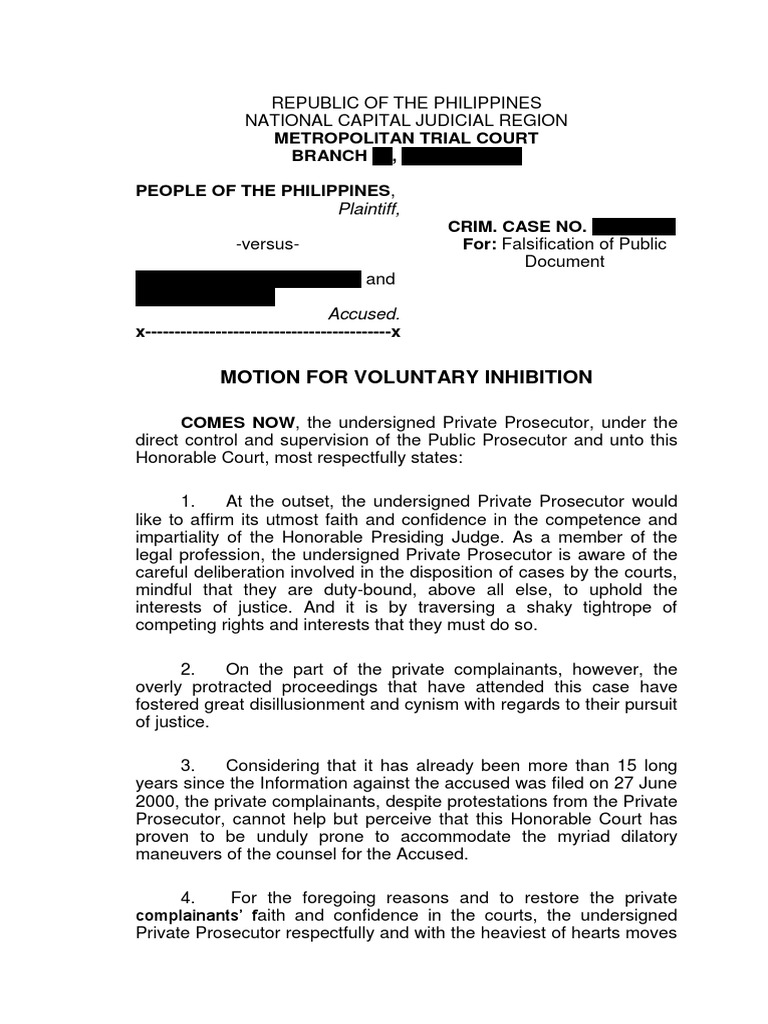 Motion For Inhibition Sample | Download Free PDF | Prosecutor | Article ...