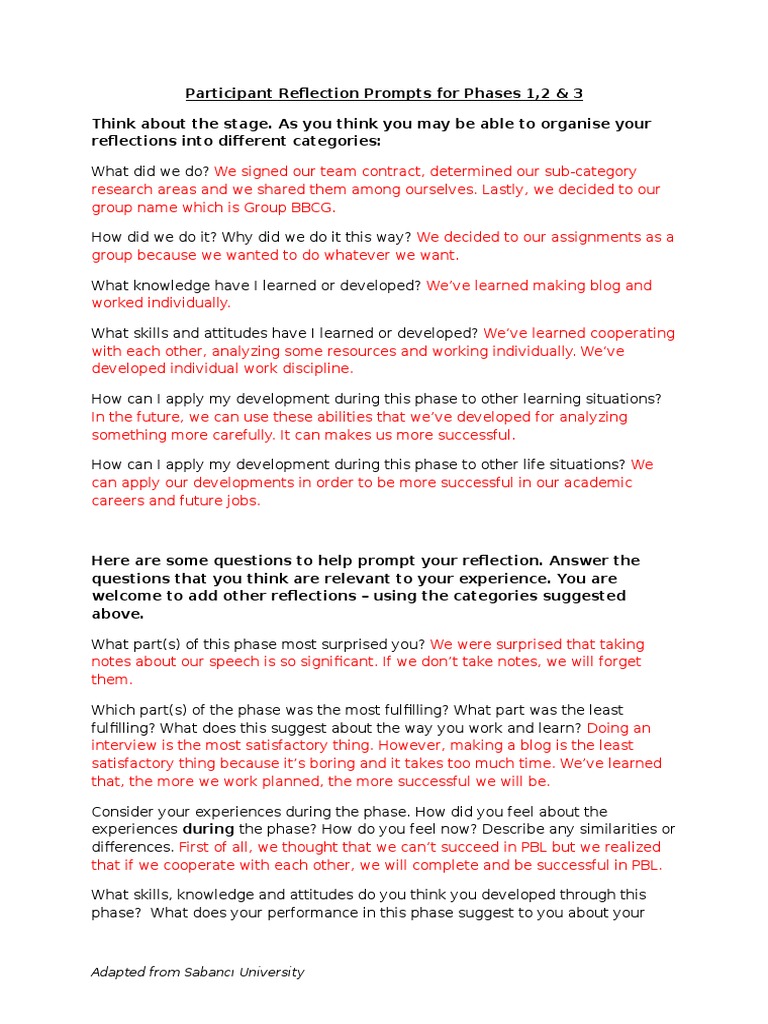 Participant Reflections on Group Learning | PDF | Thought | Attitude ...