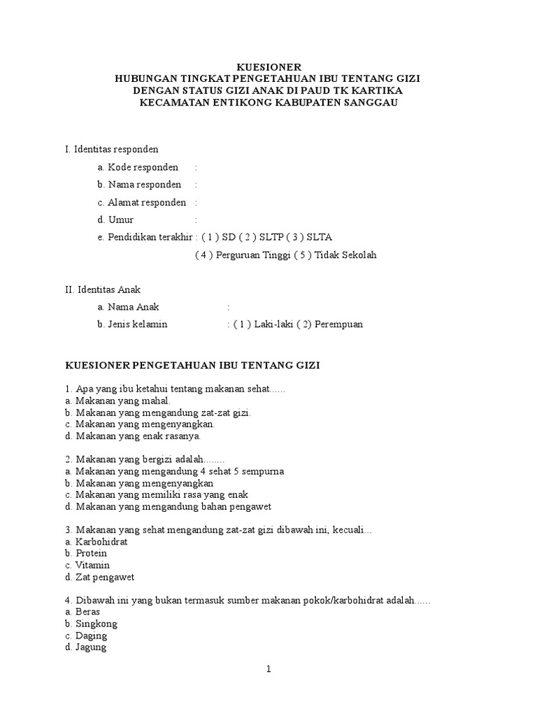 Kuesioner Pengetahuan Ibu Tentang Gizi