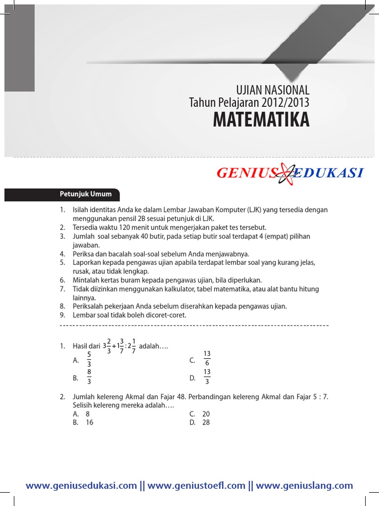 Download soal dan Pembahasan UN SMP Matematika 2020 2020 pdf Download soal dan Pembahasan UN SMP Matematika 2020 2020 pdf