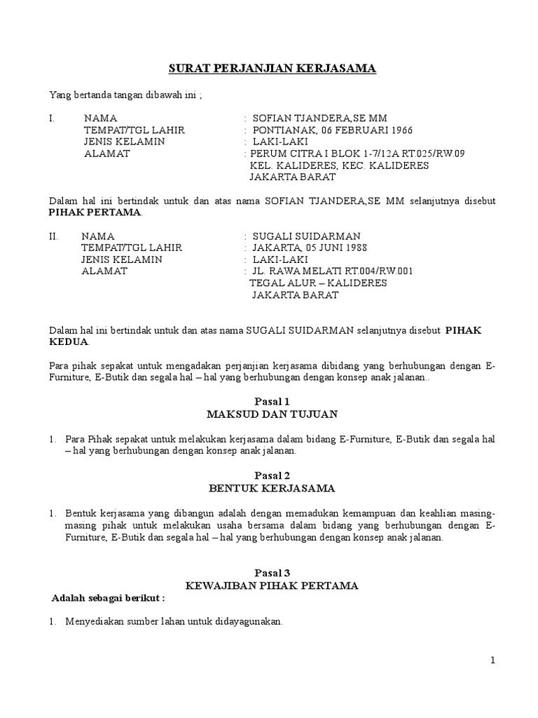 Draft SURAT PERJANJIAN KERJASAMA