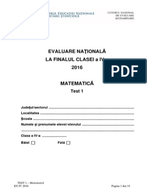 Evaluarea Nationala 2016 Cls IV Matematica Test 1 | PDF