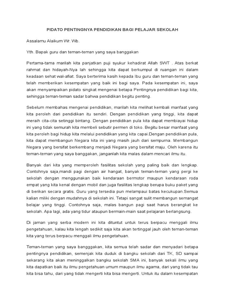 Pidato Pentingnya Pendidikan Bagi Pelajar Sekolah