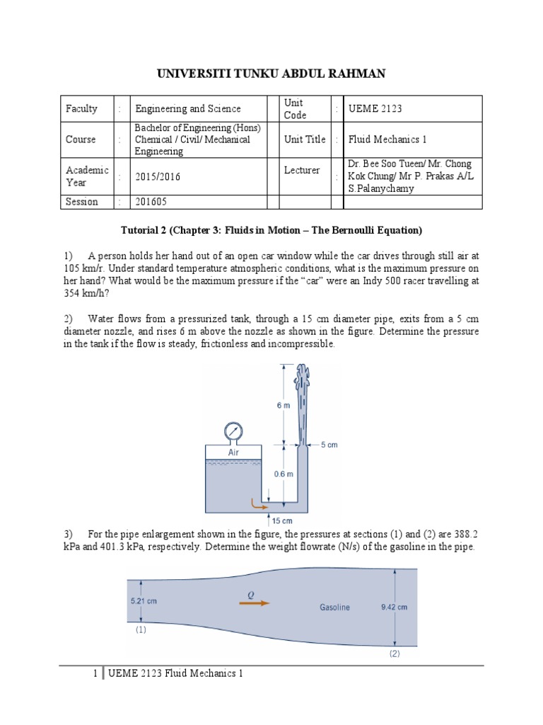 Fluid Mechanics 1: Bernoulli Equation Problems | PDF | Science ...