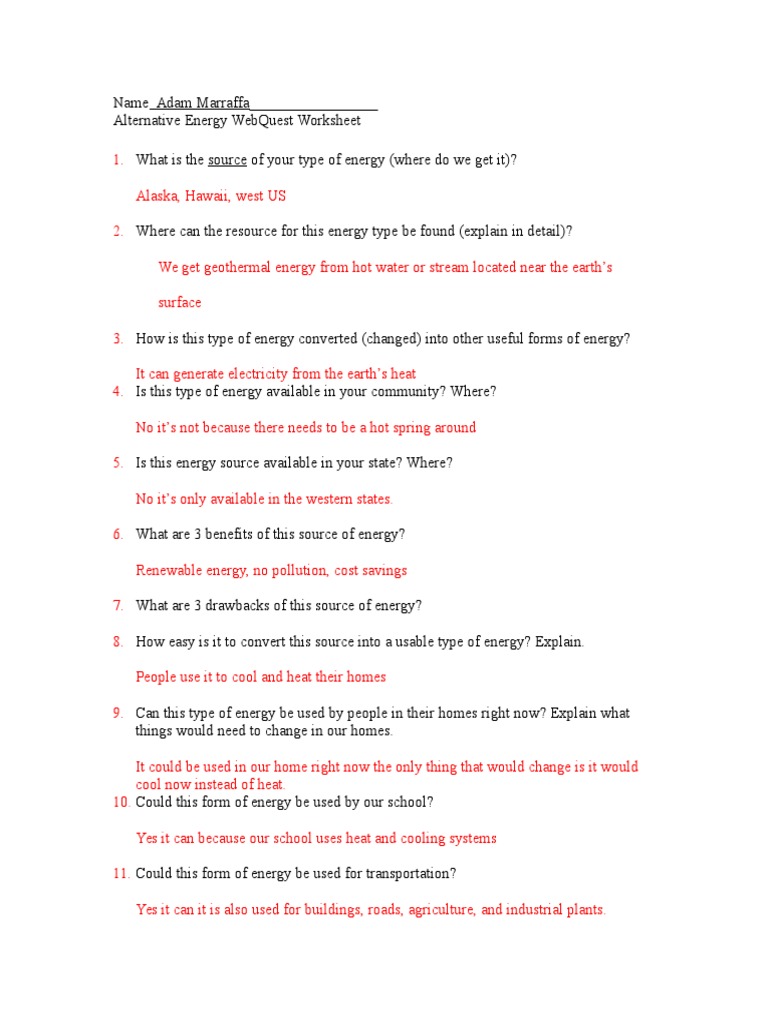 Alternative Energy Webquest Worksheet Energy Development Renewable