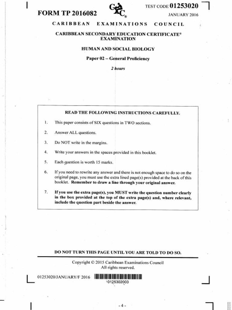 Csec Jan 2016 Human And Social Biology Paper 02 Nature