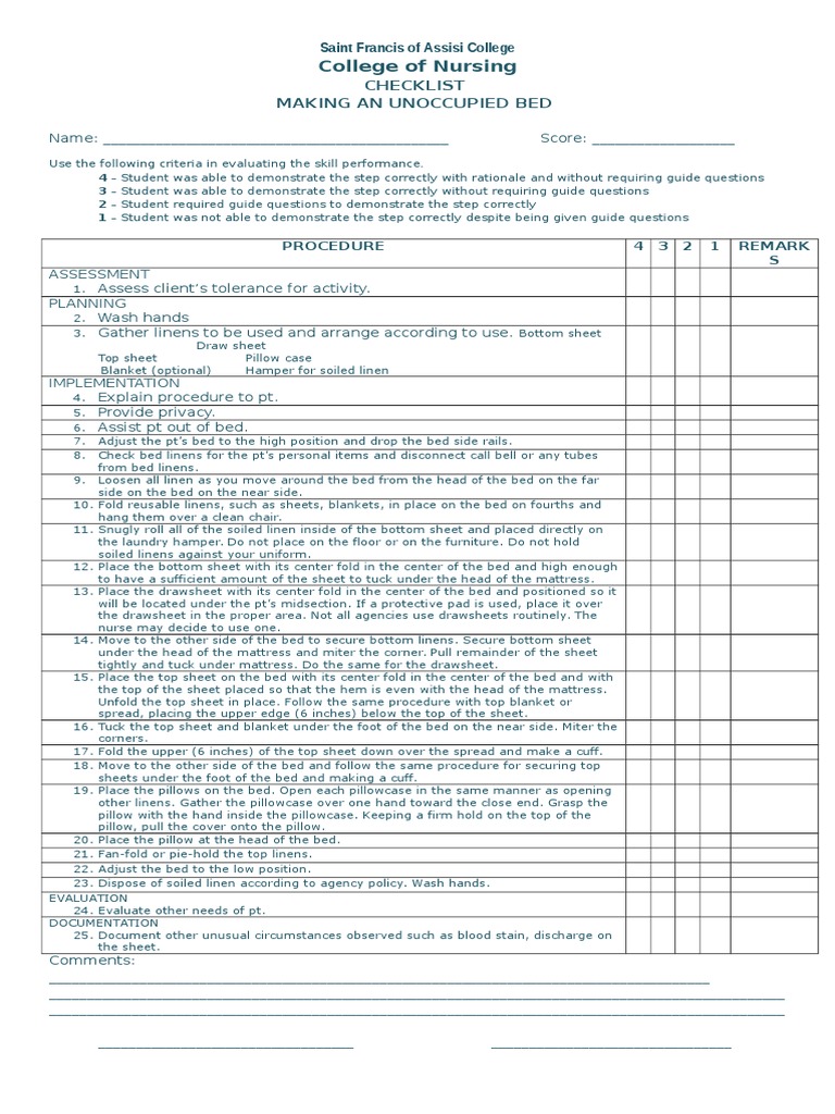 Checklist on Making an Unoccupied Bed Bed Business