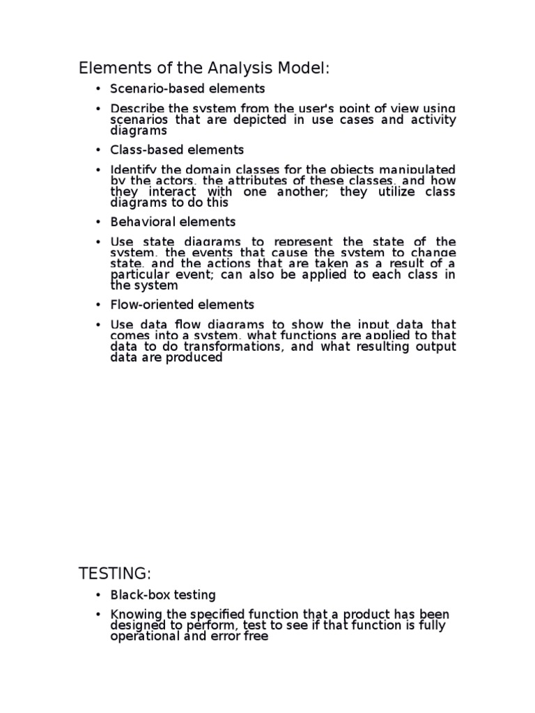 Elements of the Analysis Model Software Testing Component Based