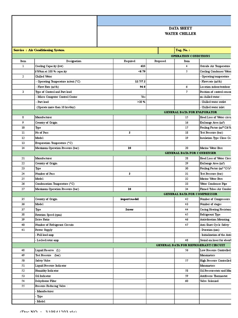 Chiller Data Sheet Air Conditioning Heat Transfer