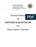 Pertinent Papers of For Head Teacher I Position: Artemio B. Quintos JR