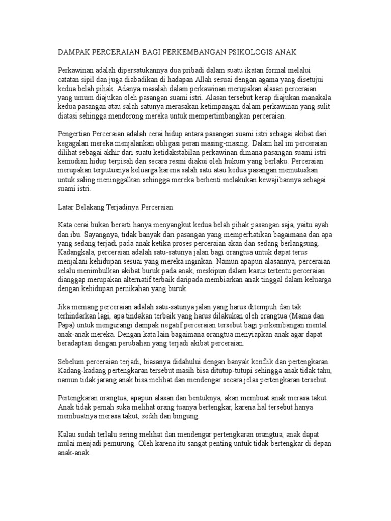 Dampak Perceraian Bagi Perkembangan Psikologis Anak Pdf