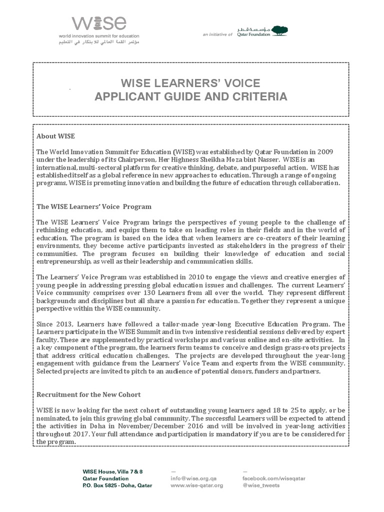 WISE Criteria and Guidelines 2016-2017 | PDF | Psychological Concepts ...