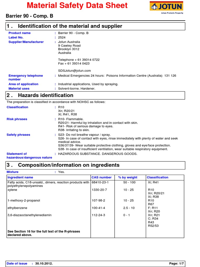 Barrier 90 Comp. B Safety Data Sheet | PDF | Personal Protective ...