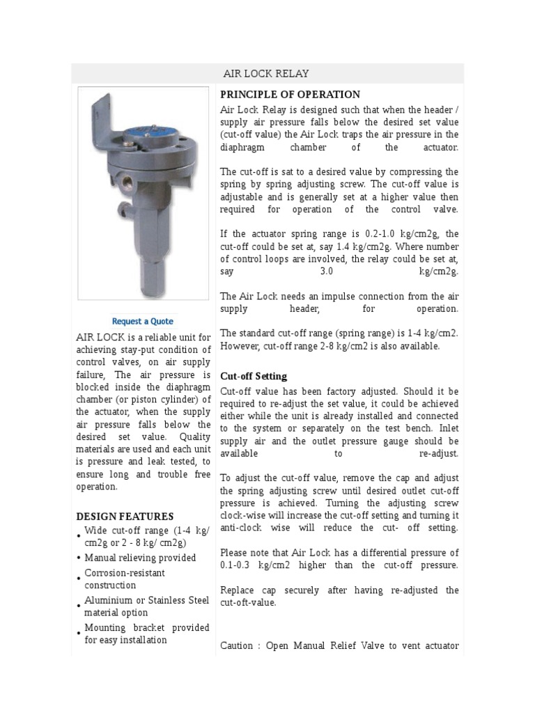 Air Lock Relay Valve Actuator