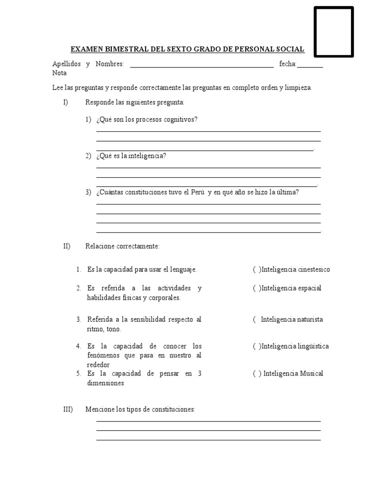 Examen Bimestral de Personal Social 6to grado | PDF