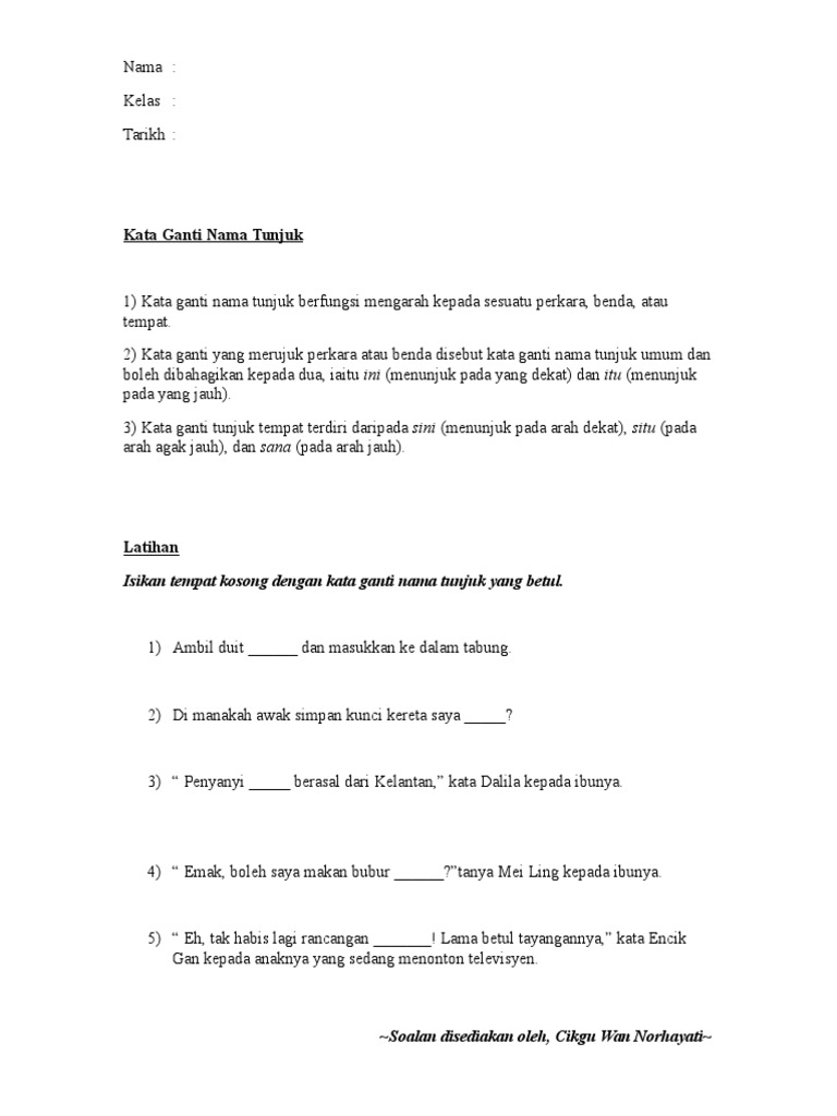 Latihan Tatabahasa Kata Ganti Nama Tunjuk Tingkatan 3 Pdf