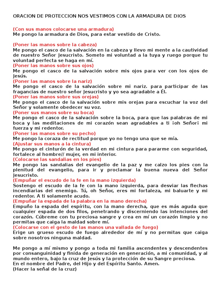 Oracion de Proteccion Nos Vestimos Con La Armadura de Dios | PDF ...