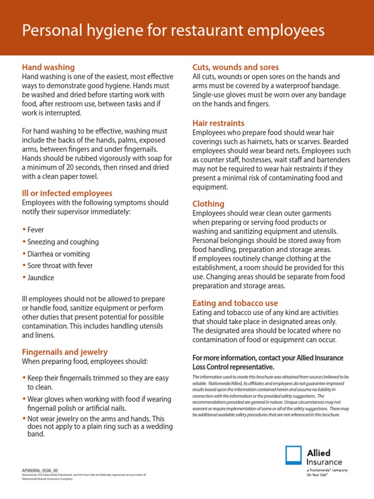 Personal Hygiene Restaurant Employees Hand Washing Hygiene