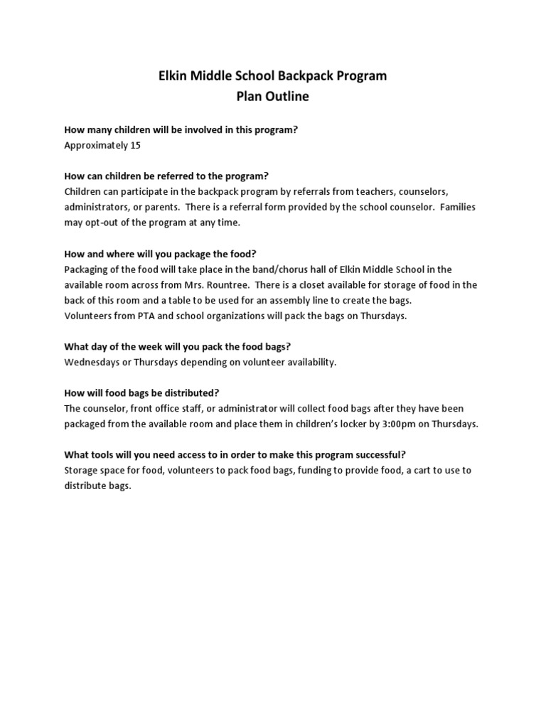 Elkin Middle School Backpack Program Outline | PDF