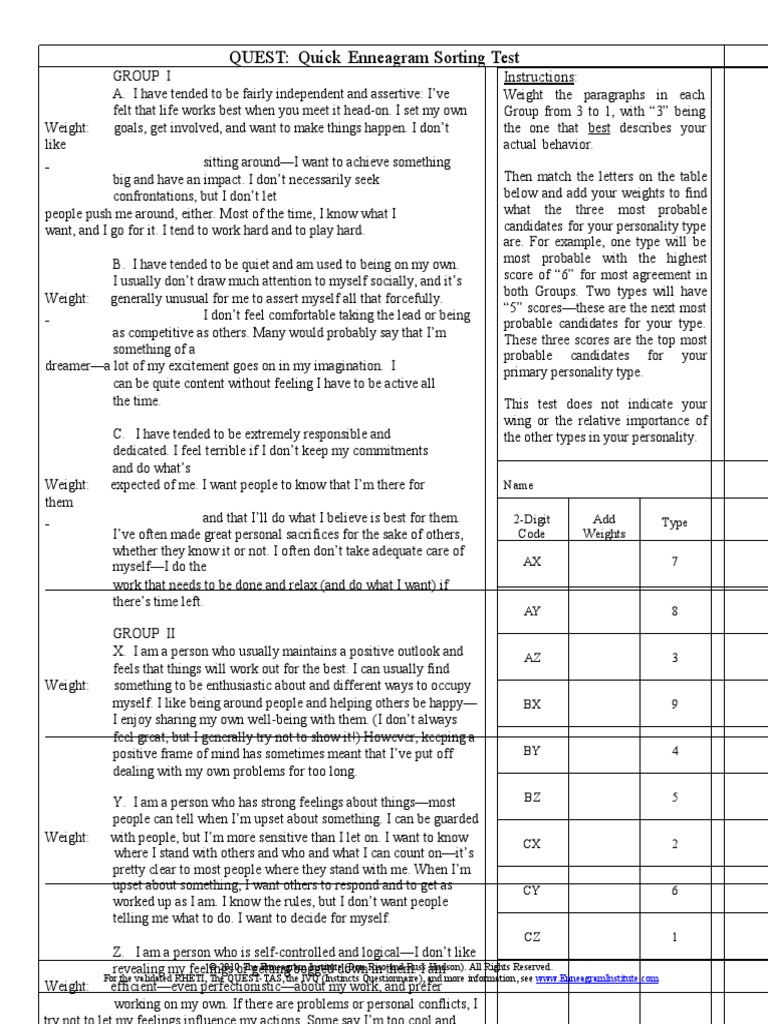 Enneagram Quick Test | PDF | Behavioural Sciences | Social Psychology