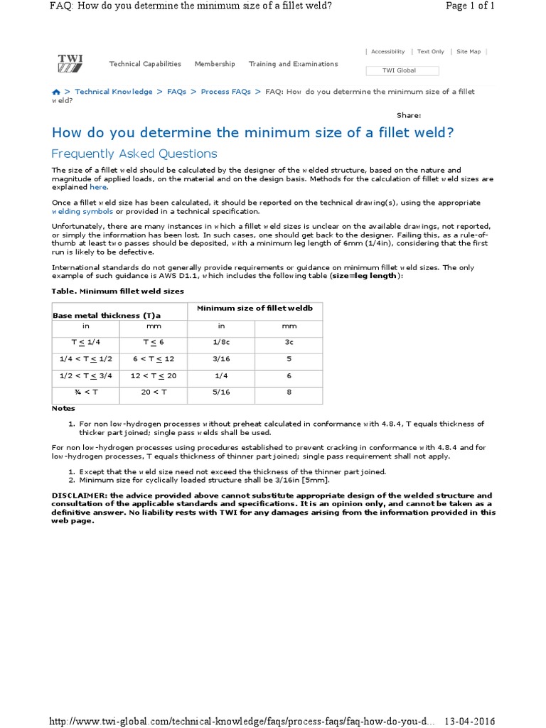 Minimum Fillet Weld Size Minimum Size Of Fillet Weld | PDF
